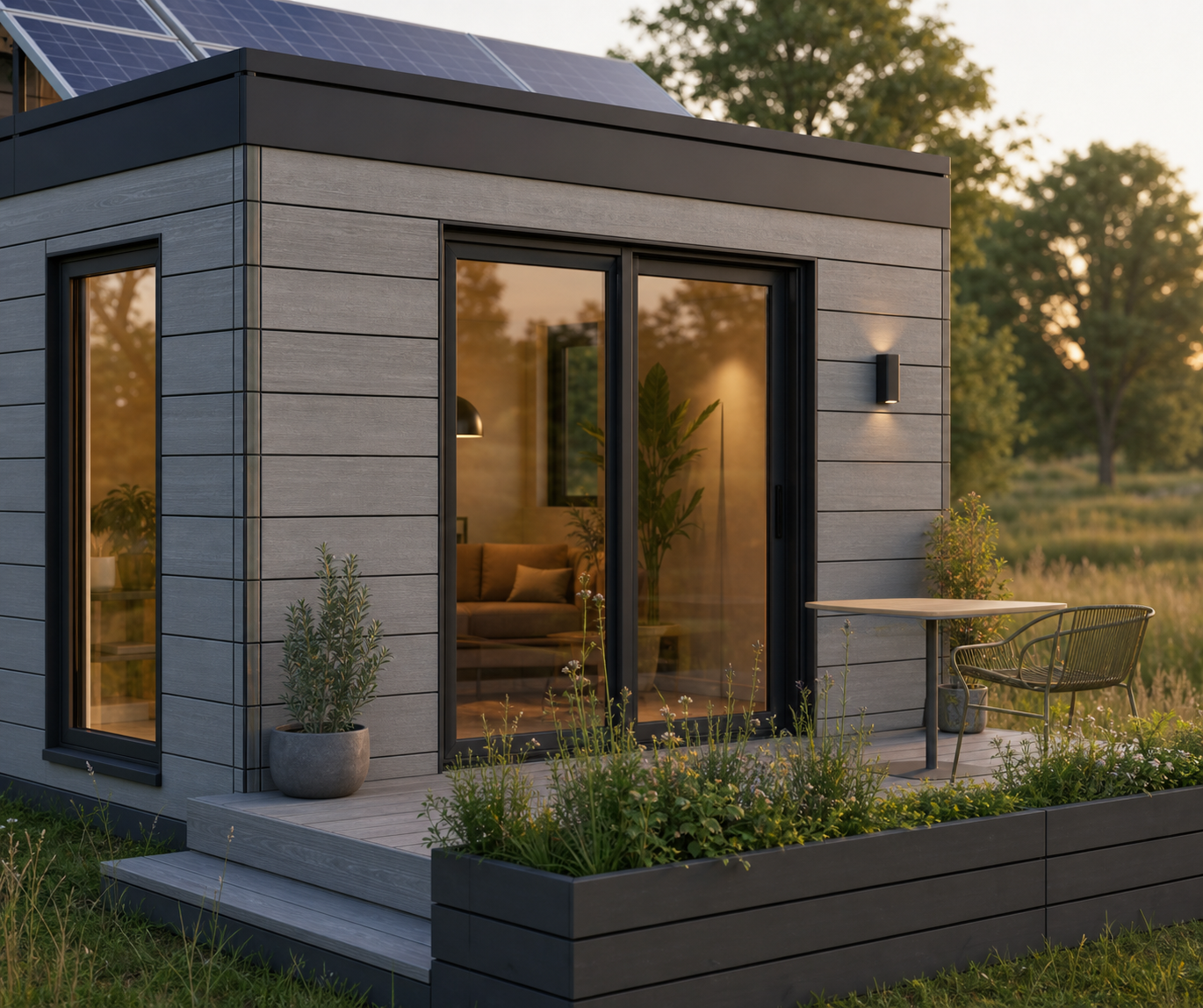 Grey modular eco home with solar panels and terrace